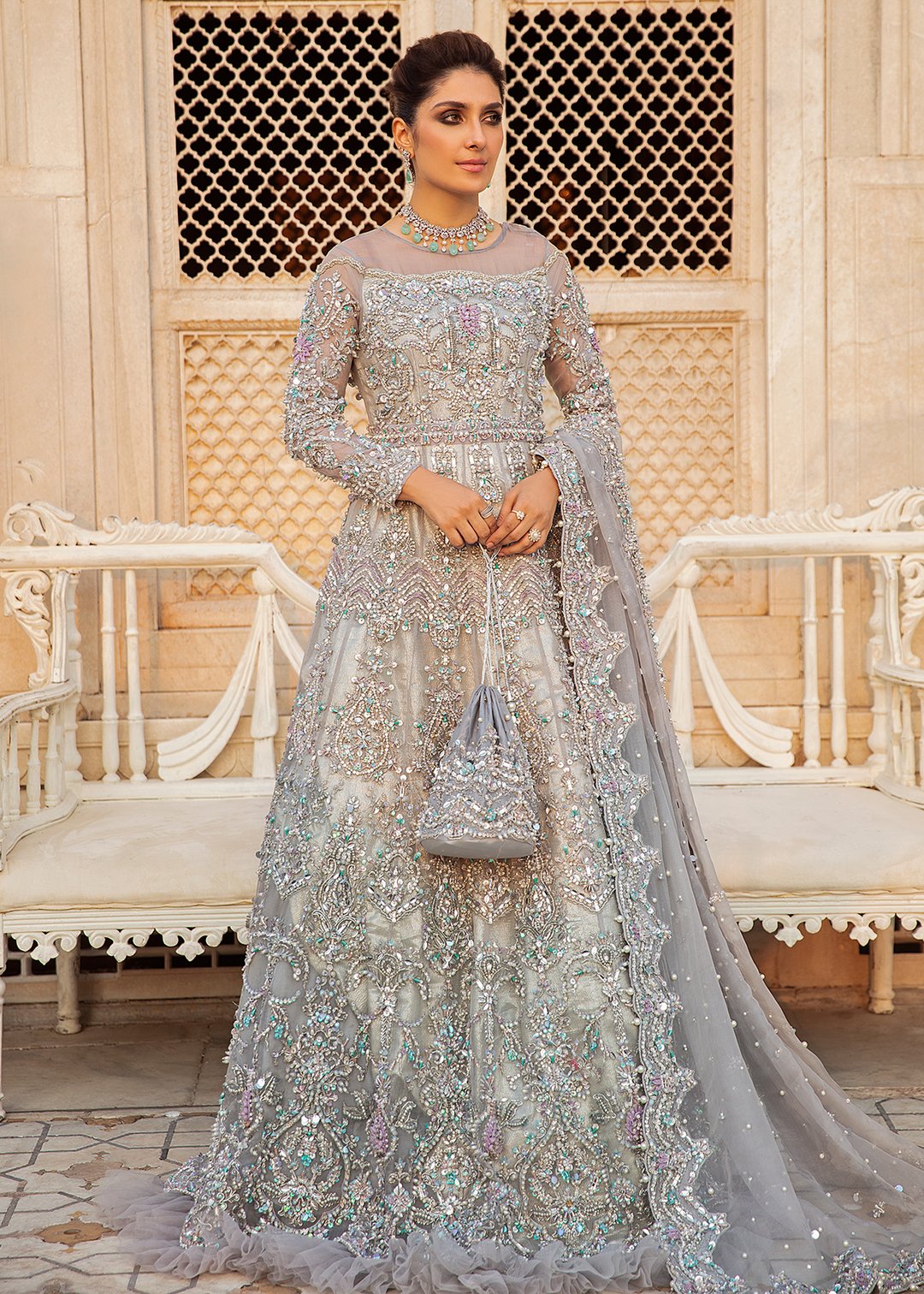 grey pakistani wedding dresses Pakistani Bridal Dress in Grey Gown and Dupatta Style MEDIUM