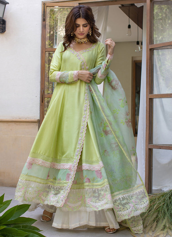 Parakeet Green Angarkha With Dupatta