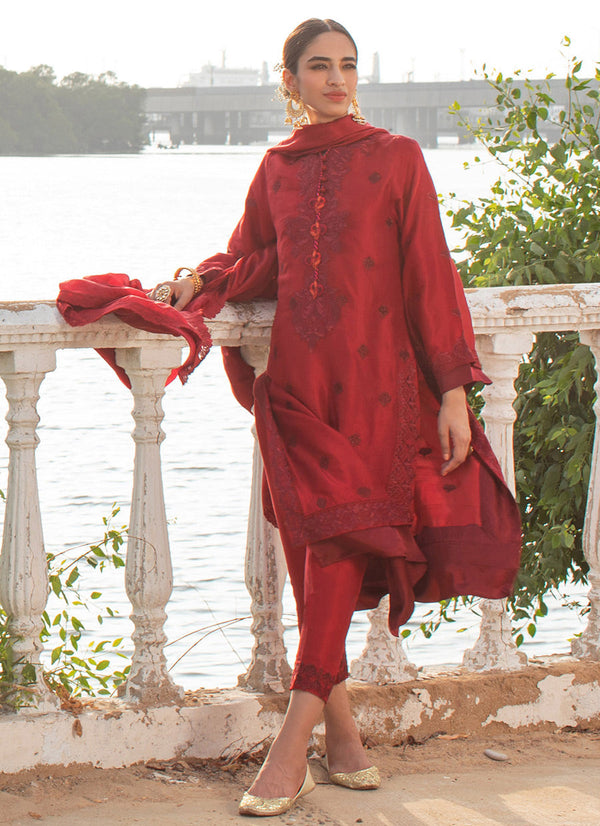 Shehla Scarlett Kurta With Silk Dupatta