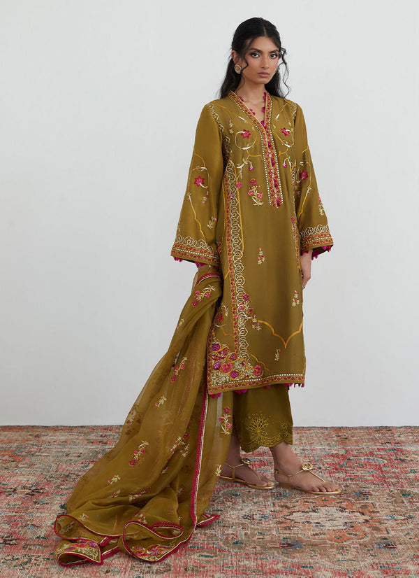 Tara Collection 23 - Moss Olive Embroidered Shirt With Organza Dupatta