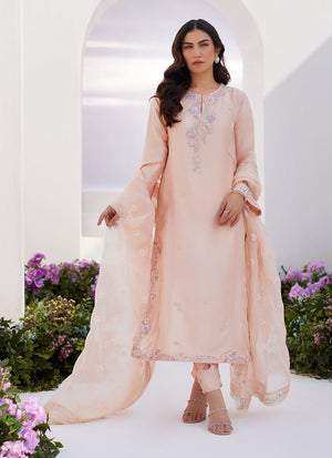 Zaza '24 - Elea Peach Embroidered Raw Silk Shirt And Dupatta