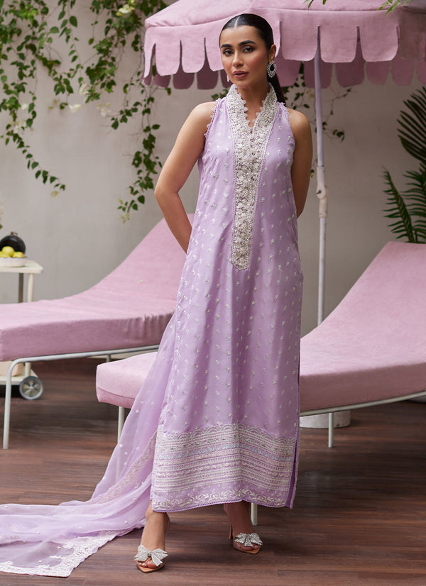 Tara Luxe Edit '24 - Larissa Lavender Embroidered Column Shirt With Organza Dupatta