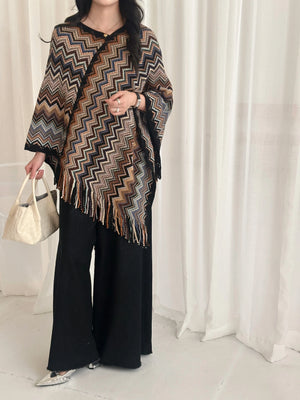 New In '25 - Kai Zig Zag Chevron Knitted Cape Brown