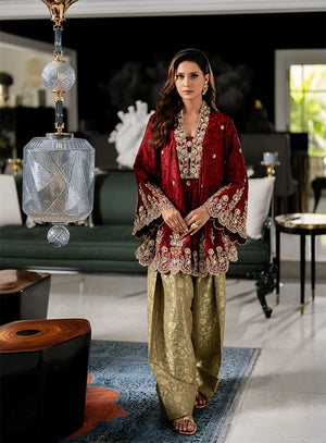 Formals '26 - Red Embellished Bias Cut with Mint Green Farshi Shalwar