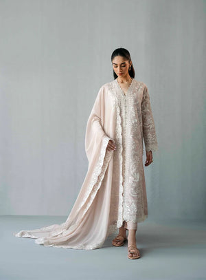 Zhaleh Eid Edit '26 - Pink & White Embroidered Long Tunic with Izaar& Chiffon Dupatta