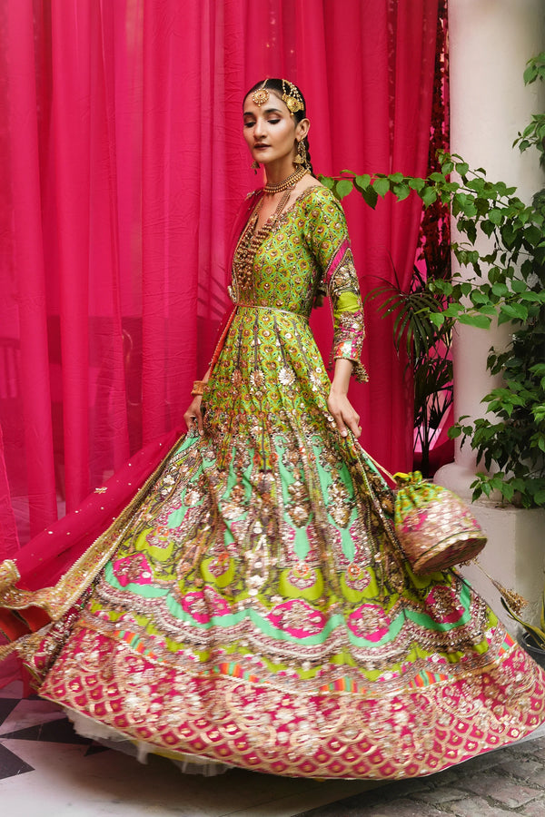 Ronaq 23 - Parrot Green And Hot Pink Mehndi Peshwas Set (D-09)