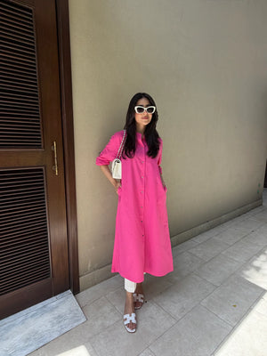 Oversized Linen Shirt Dress in Hot Pink