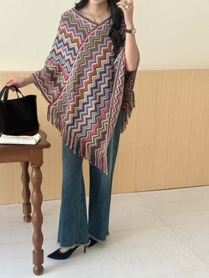New In '25 - Kai Zig Zag Chevron Knitted Cape Blue