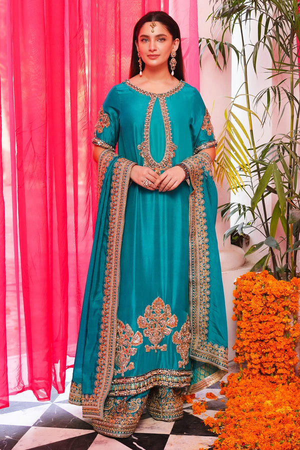 Ronaq 23 - Classic Turquoise And Gold Long Kameez Set (D-06)