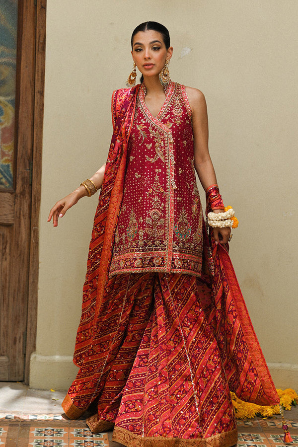 Amaltaas '24 - Primrose Crimson Angharkha, Embellished Do-Paincha Dhakha And Block Print Dupatta