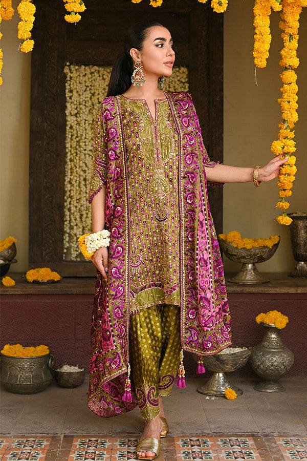 Amaltaas '24 - Alira Mehndi Green Kurta And Shalwar With Embellished Block Print Dupatta