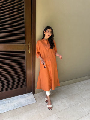 Oversized Linen Shirt Dress in Tangerine