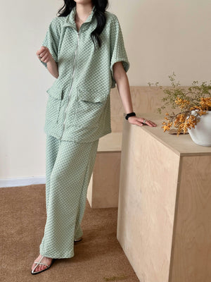 Spring Summer - Naira Pistachio Textured Suit with Zipper | HS-1240