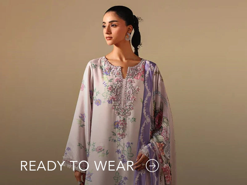 Green embroidered outfit styled in a warm indoor setting; Nainpreet’s “Ready to Wear” text sits below on the banner.