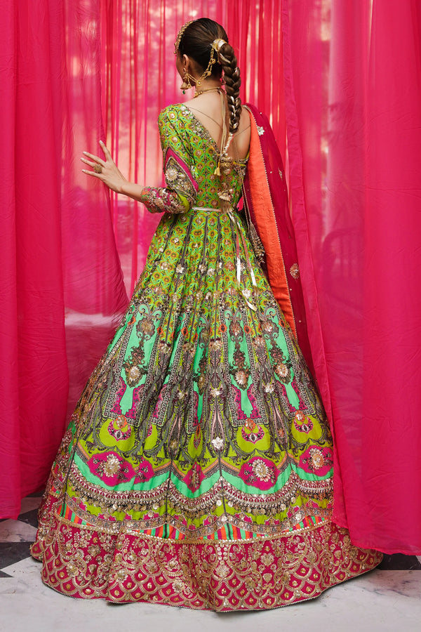 Ammara Khan Ronaq 23 - PARROT GREEN AND HOT PINK MEHNDI PESHWAS SET (D-09)