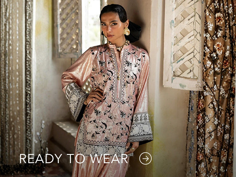 Green embroidered outfit styled in a warm indoor setting; Nainpreet’s “Ready to Wear” text sits below on the banner.