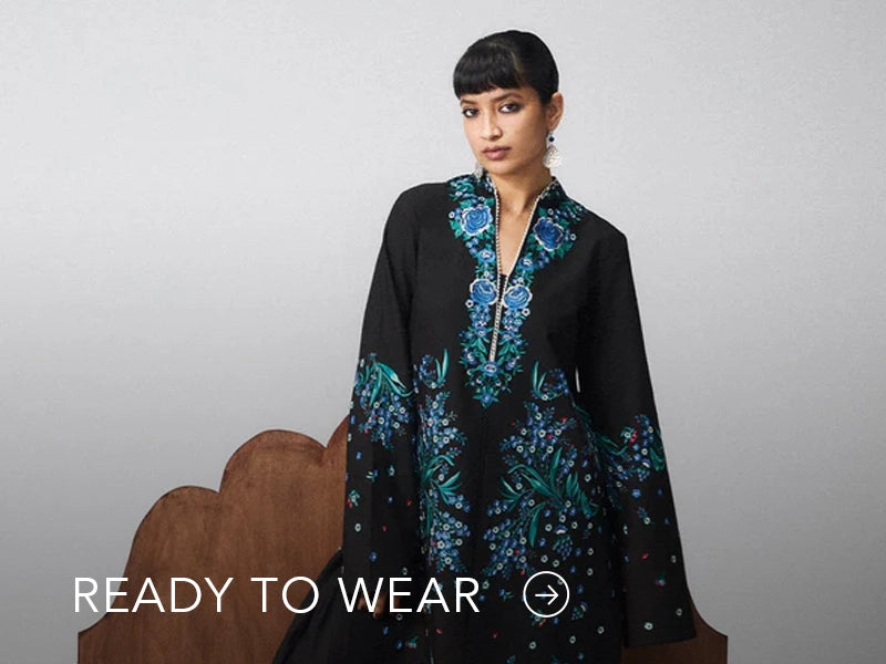 Green embroidered outfit styled in a warm indoor setting; Nainpreet’s “Ready to Wear” text sits below on the banner.