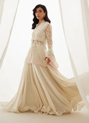 Luxe Pret '25 - Zariah Ivory Peplum, Lehenga And Dupatta