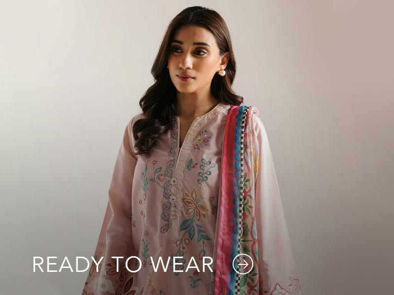 Green embroidered outfit styled in a warm indoor setting; Nainpreet’s “Ready to Wear” text sits below on the banner.