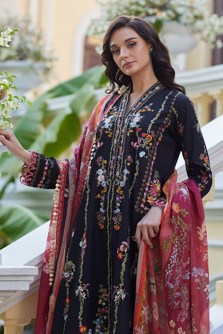 Beautiful girl wearing black lawn shirt with colorful floral embroidery. Its printed silk dupatta adds character. A Luxury Lawn '25 design for Indian festive wear.