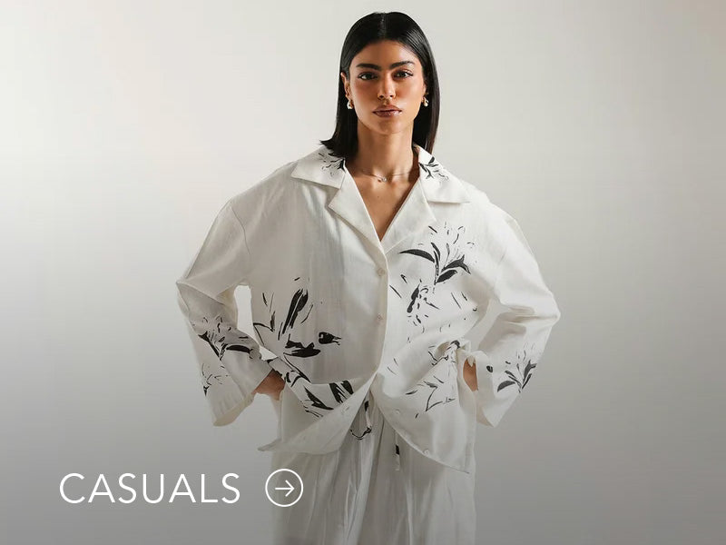 Model in a light blue casual kurta with floral and geometric prints; “Casuals” text below on Nainpreet’s banner..