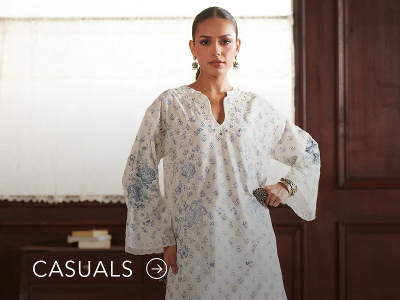 Model in a light blue casual kurta with floral and geometric prints; “Casuals” text below on Nainpreet’s banner..