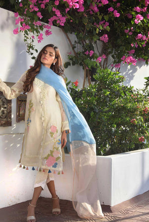 Luxury Pret - Mid Length Shirt With Lace Seperators Embroidery And Stitching Detail