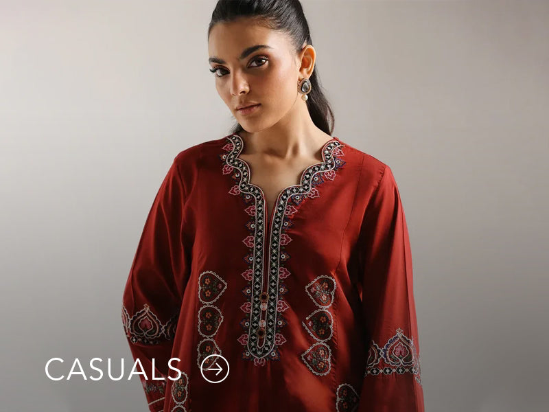 Model in a light blue casual kurta with floral and geometric prints; “Casuals” text below on Nainpreet’s banner..