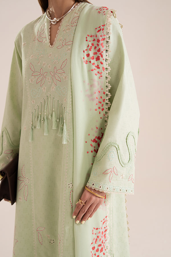 Close-up of Nore: mint green jacquard lawn shirt with coral embroidery, tasselled neckline, and printed chiffon dupatta.