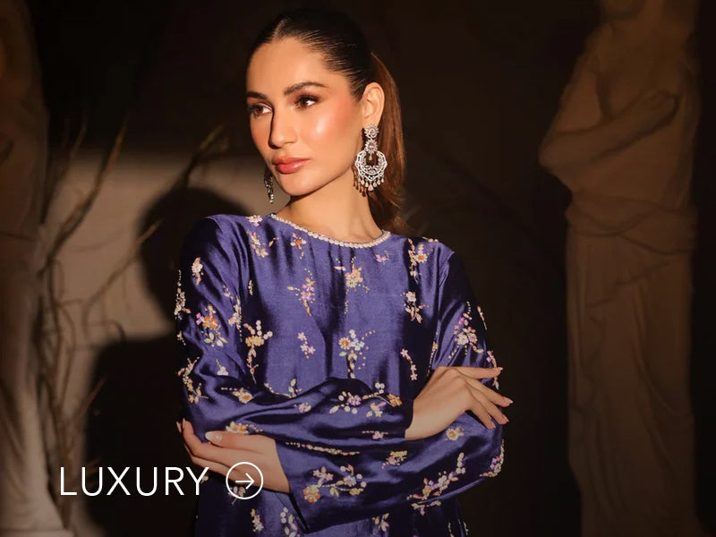 Nainpreet banner with pastel green outfit, a model in embroidered green ensemble, pink embroidery, floral earrings, and “Luxury” label.