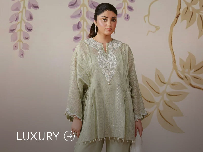 Nainpreet banner with pastel green outfit, a model in embroidered green ensemble, pink embroidery, floral earrings, and “Luxury” label.