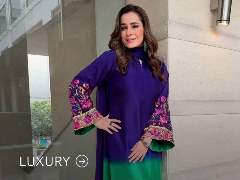 Nainpreet banner with pastel green outfit, a model in embroidered green ensemble, pink embroidery, floral earrings, and “Luxury” label.
