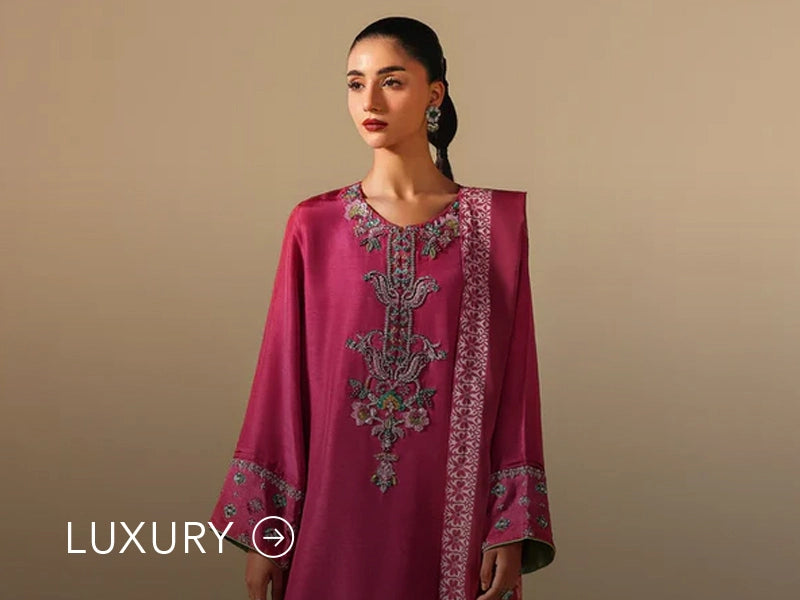 Nainpreet banner with pastel green outfit, a model in embroidered green ensemble, pink embroidery, floral earrings, and “Luxury” label.