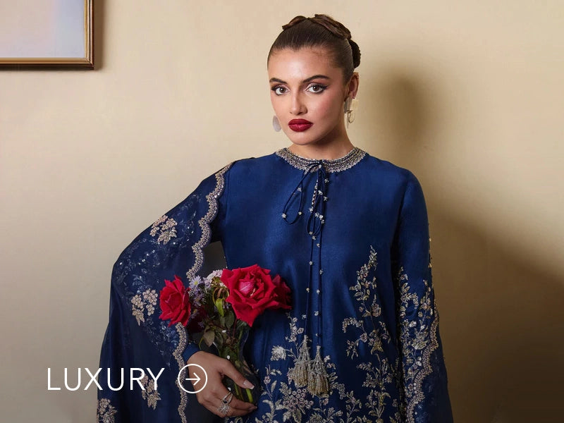 Nainpreet banner with pastel green outfit, a model in embroidered green ensemble, pink embroidery, floral earrings, and “Luxury” label.