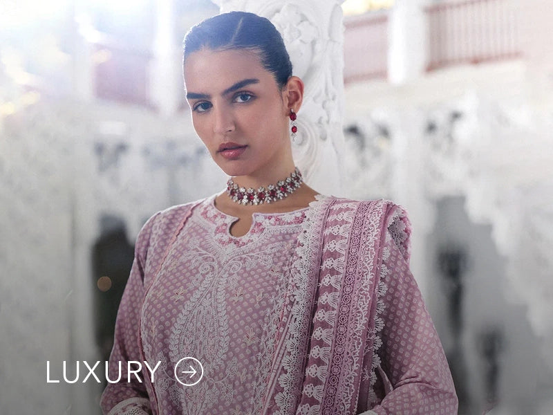 Nainpreet banner with pastel green outfit, a model in embroidered green ensemble, pink embroidery, floral earrings, and “Luxury” label.