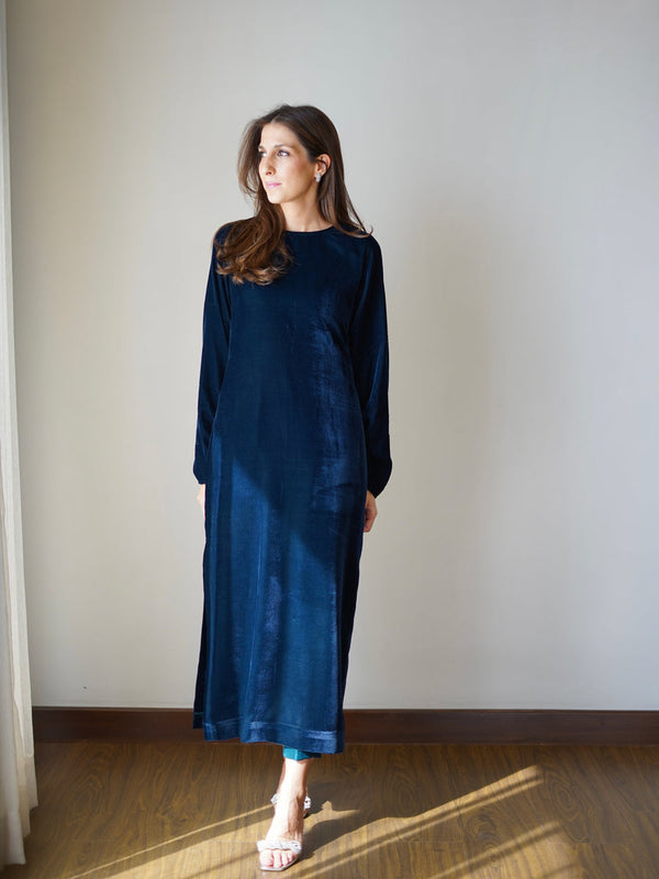 Sak Atelier - Teal Velvet Shirt Dress