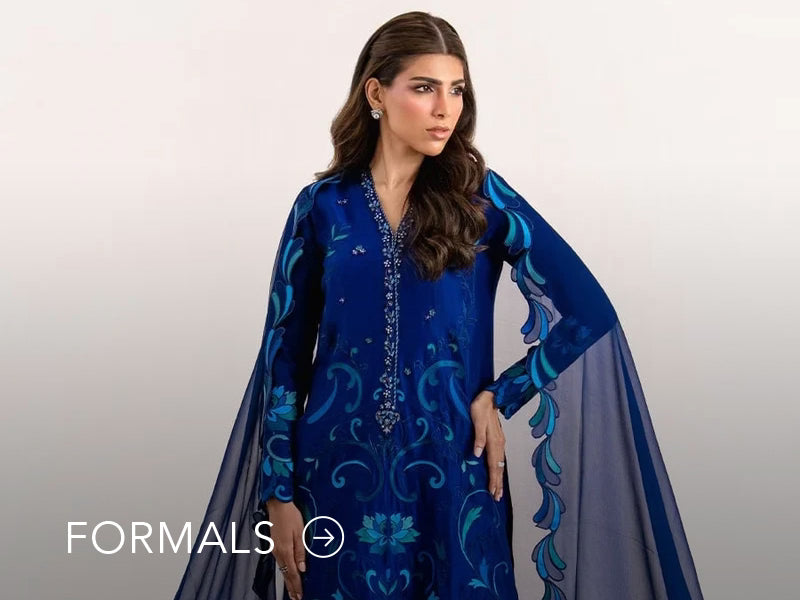 Nainpreet model in maroon formal wear with sheer sleeves, styled against a soft gray backdrop, and "Formals" text below.