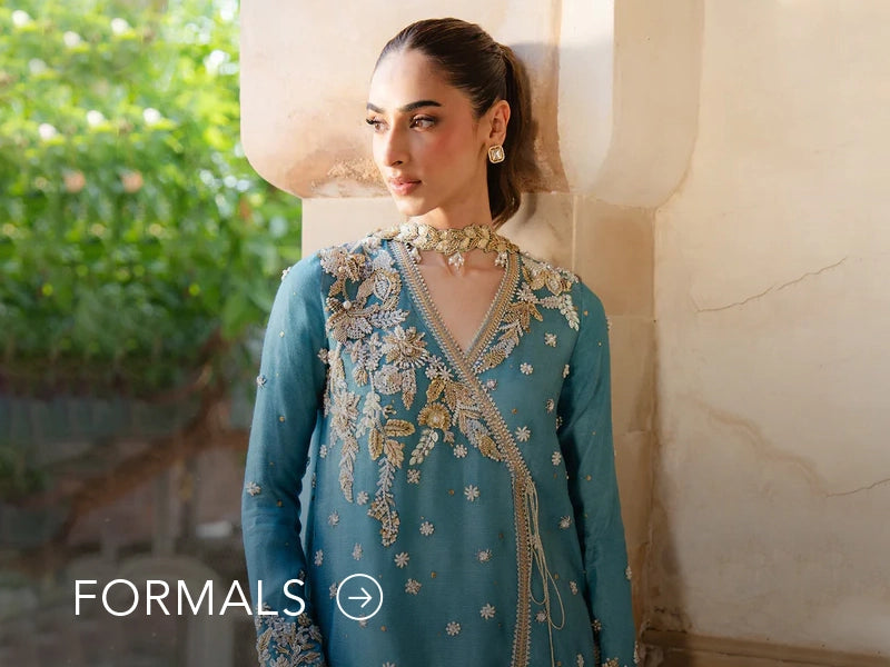 Nainpreet model in maroon formal wear with sheer sleeves, styled against a soft gray backdrop, and "Formals" text below.