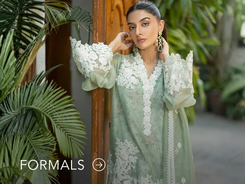 Nainpreet model in maroon formal wear with sheer sleeves, styled against a soft gray backdrop, and "Formals" text below.