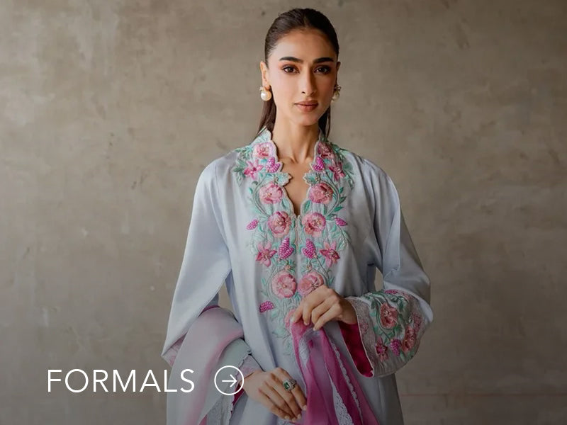 Nainpreet model in maroon formal wear with sheer sleeves, styled against a soft gray backdrop, and "Formals" text below.