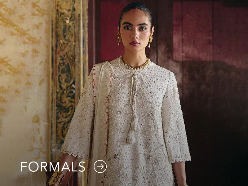 Nainpreet model in maroon formal wear with sheer sleeves, styled against a soft gray backdrop, and "Formals" text below.