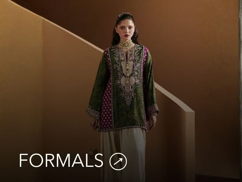Nainpreet model in maroon formal wear with sheer sleeves, styled against a soft gray backdrop, and "Formals" text below.