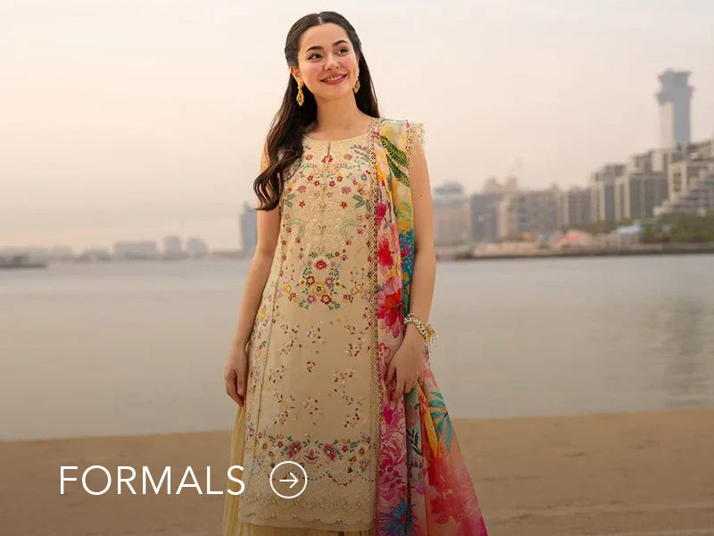 Nainpreet model in maroon formal wear with sheer sleeves, styled against a soft gray backdrop, and "Formals" text below.