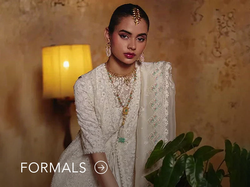 Nainpreet model in maroon formal wear with sheer sleeves, styled against a soft gray backdrop, and "Formals" text below.