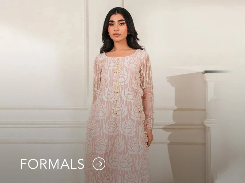 Nainpreet model in maroon formal wear with sheer sleeves, styled against a soft gray backdrop, and "Formals" text below.