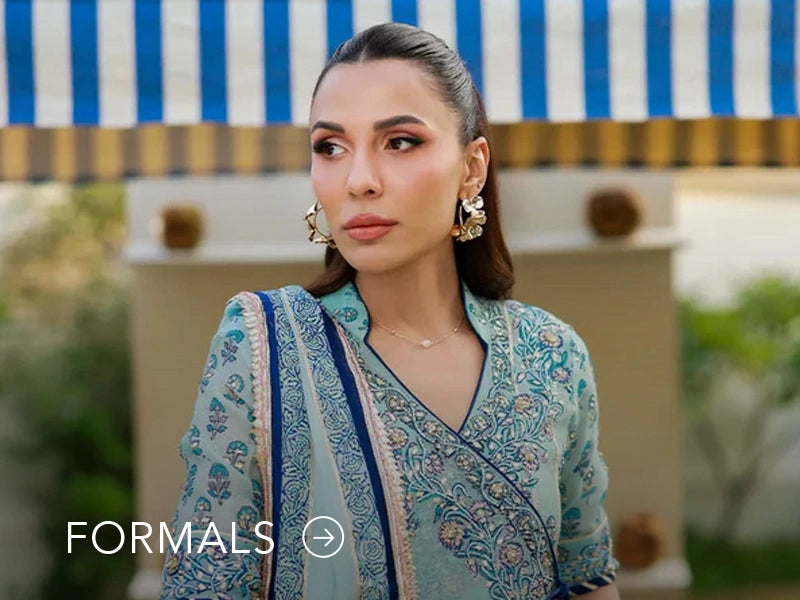 Nainpreet model in maroon formal wear with sheer sleeves, styled against a soft gray backdrop, and "Formals" text below.