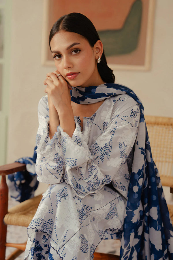 Unstitched Summer interlude'25 - 3 PIECE PRINTED BLENDED LAWN SUIT-PEARL BLUE