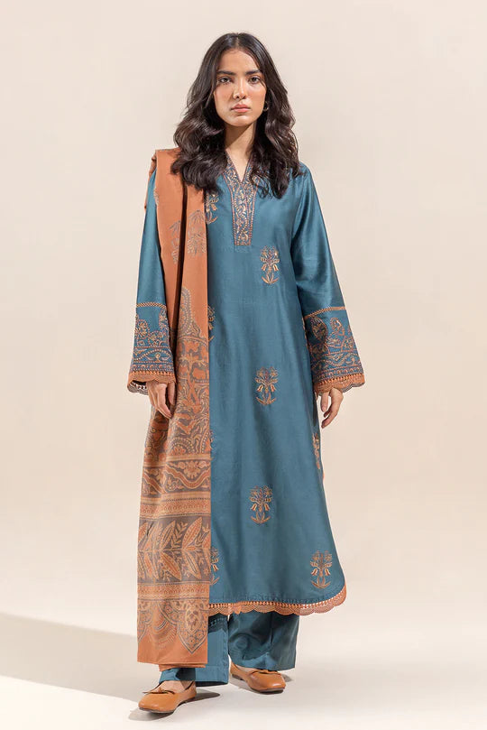 Beechtree Unstitched Shawl 23 - 2 PIECE - EMBROIDERED COTTON SATIN SUIT WITH WOVEN SHAWL - ACCENT ZONE