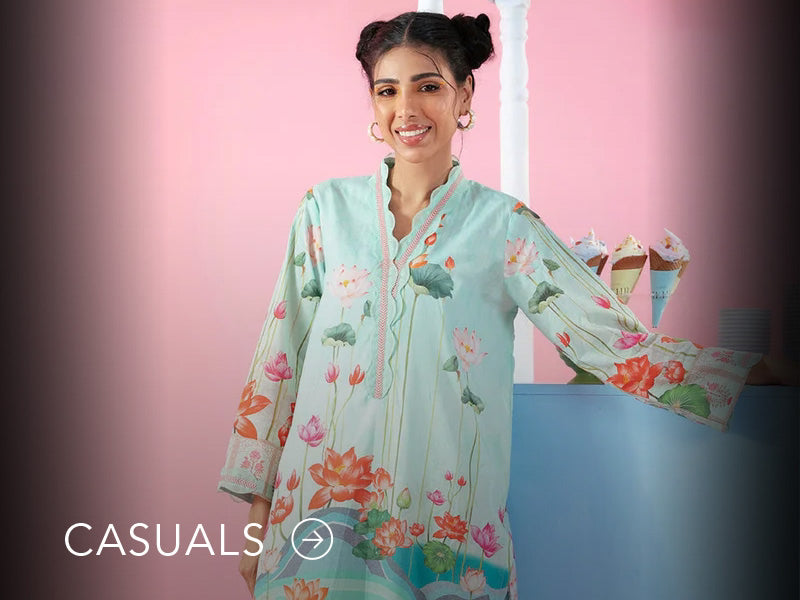 Model in a light blue casual kurta with floral and geometric prints; “Casuals” text below on Nainpreet’s banner..