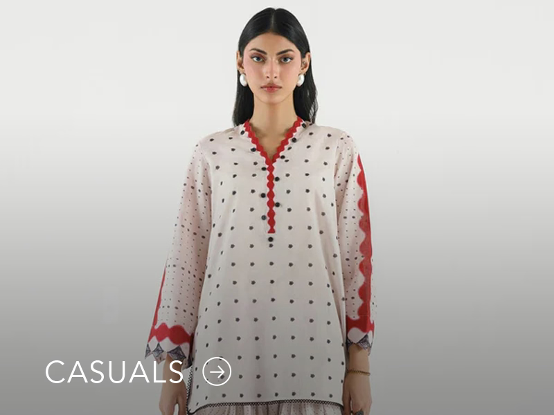 Model in a light blue casual kurta with floral and geometric prints; “Casuals” text below on Nainpreet’s banner..